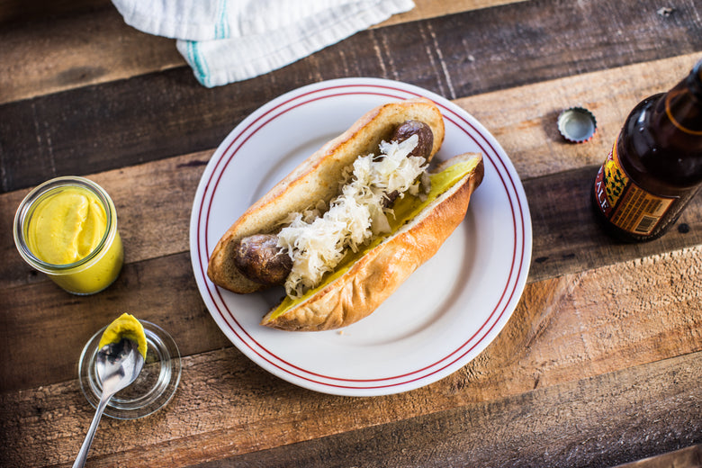 Beer-Braised Bratwurst on a bun