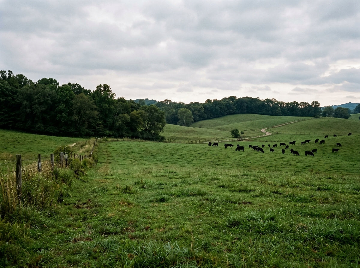 Cattle grazing on green pasture with rolling hills
